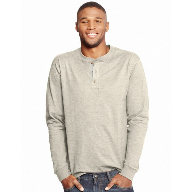 Hanes Mens Beefy-T Long-Sleeve Henley, 2XL, Pebblestone Crossdye