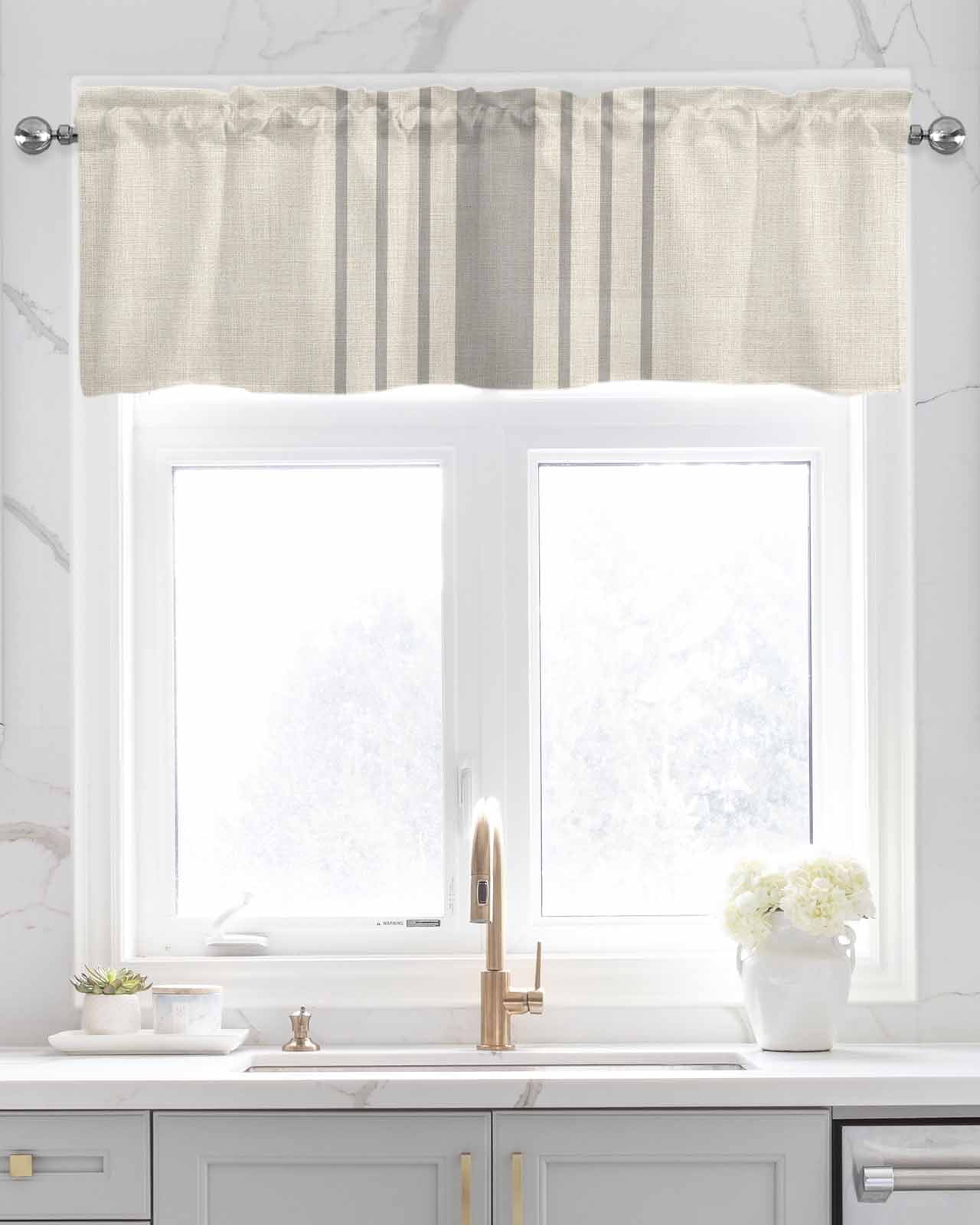 Grey Striped Kitchen Valances for Windows Farmhouse Linen Window Valance Curtain for Living Room Window Treatment Beige Geometric Modern Minimalist Valance Rod Pocket Topper Drape, 42 x 18 Inch
