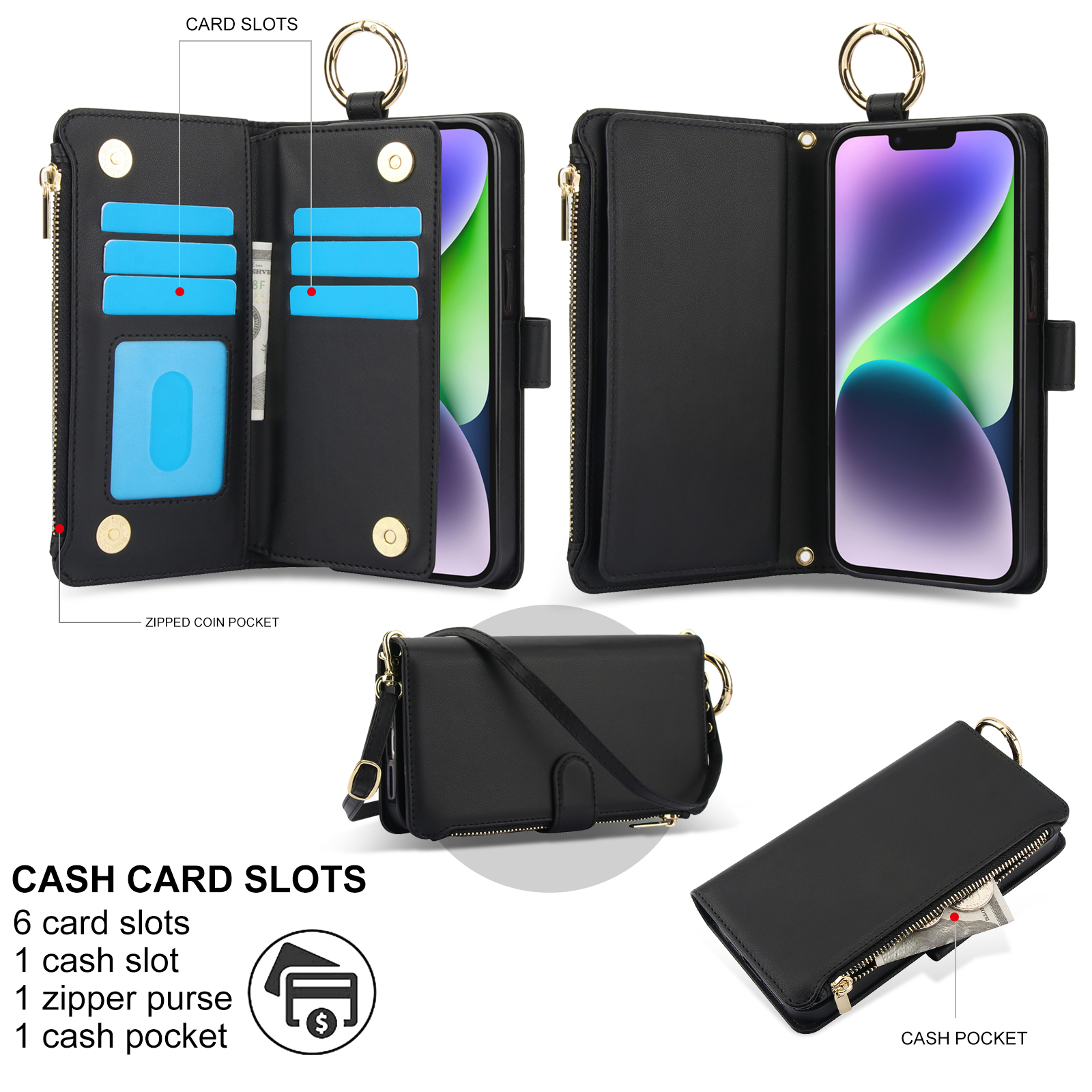 ELEHOLD For iPhone 13 Phone Case Leather Crossbody Zipper Card Wallet Flip Case Kickstand Cover, with Ring Holder,Full Body Protection-Black