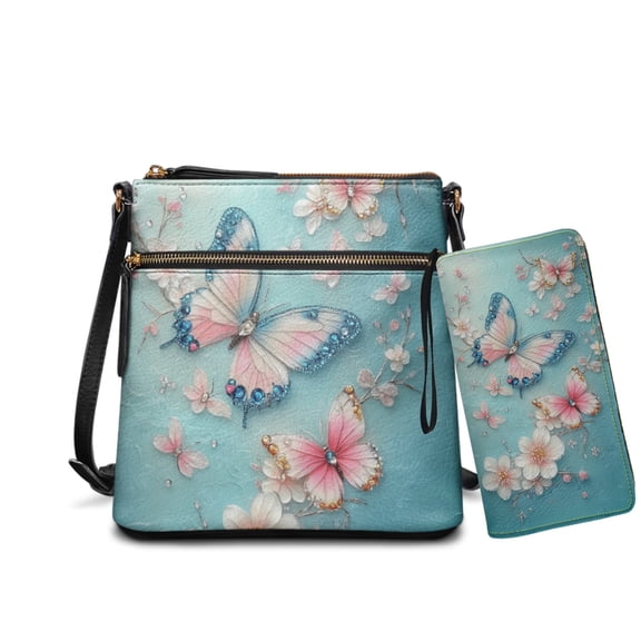 LedBack Butterfly Floral Print Crossbody Hobo Purses with Wallet for Women Leather Satchel Purse Sling Shoulder Purse Messenger Bag with Leather Wallet Gift for Mom, Blue