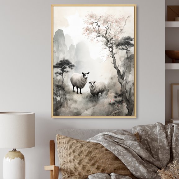 Designart "Oriental Design Gentle Lamb Sketch I" Asian Floater Framed Wall Art Print