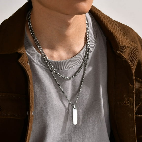 Layered Bar Pendant Necklaces for Men Minimalist Stainless Steel Box Chain Cuban Chain Geometric Necklace Jewelry