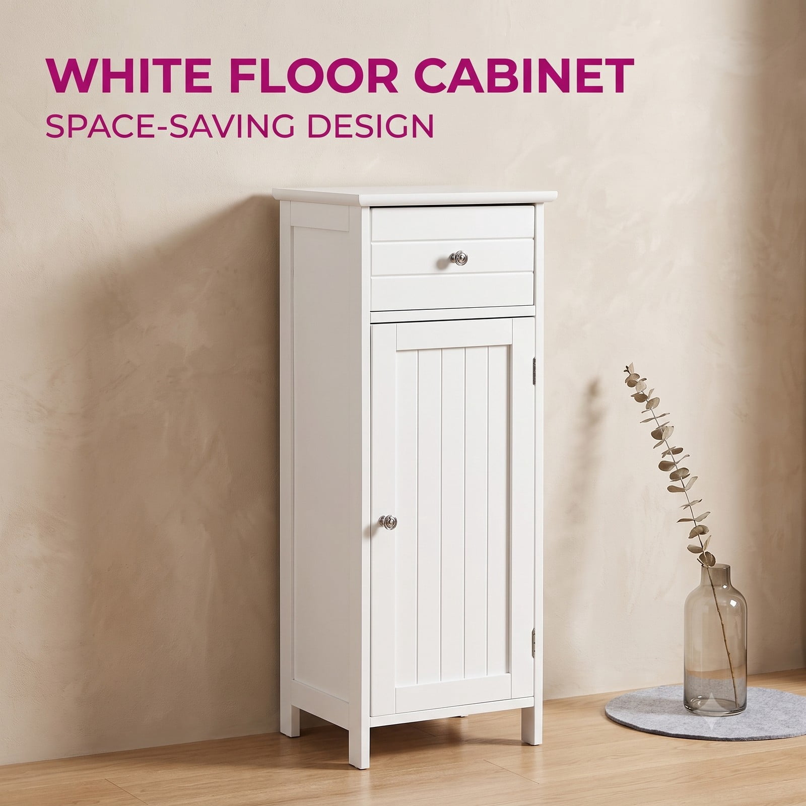 ALPULON Wooden Bathroom Floor Storage Cabinet with Drawer and Adjustable Shelf, Freestanding MDF Side Organizer for Bathroom Entryway Living Room, White
