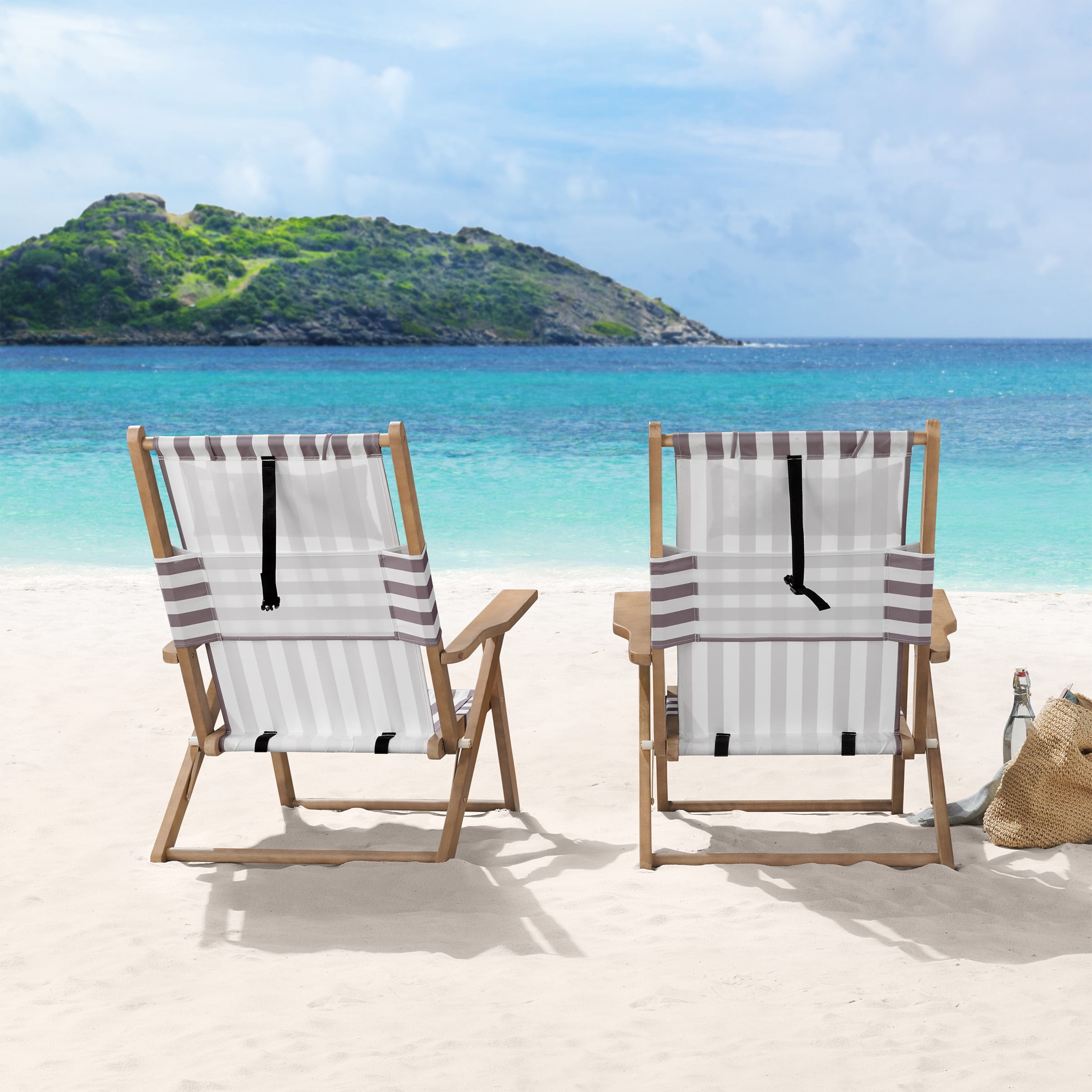 Lavish Home Set of 2 Folding Beach Chairs – 4-Position Recliners with Carry Straps, Brown Stripe