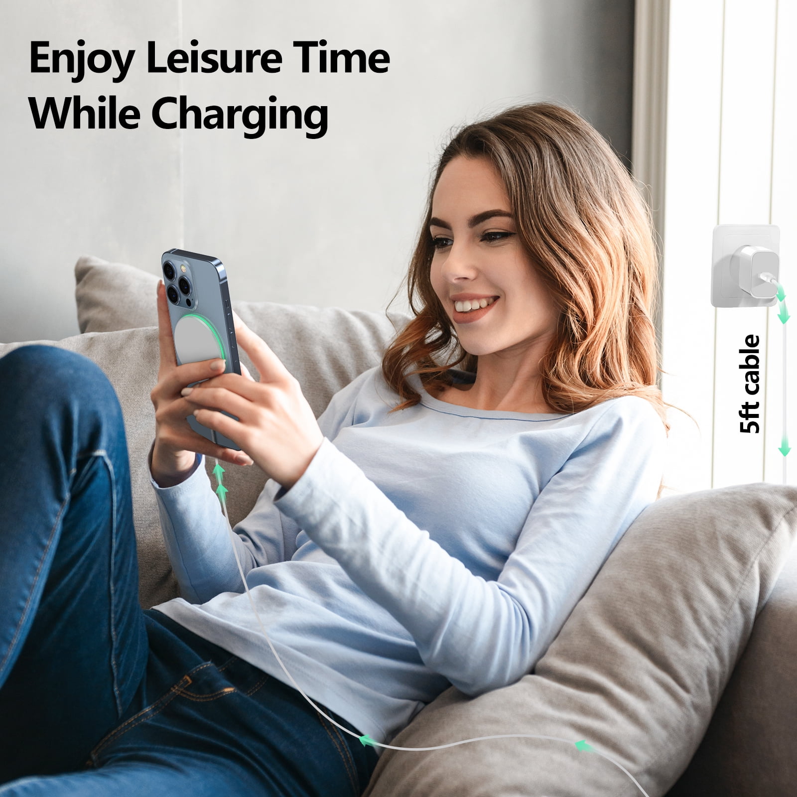2 Pack 15W Magnetic Wireless Charger Mag-Safe Compatible with iPhone 17-12 Series & AirPods, 20W Adapter 5ft Cable Wireless Charging Pad