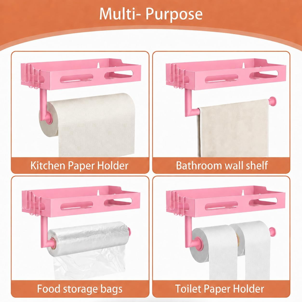 Paper Towel Holder Wall Mount for Kitchen, One-Handed Tear, Bathroom Paper Towel Holder with Shelf, RV Paper Towel Rack Wall Mount Paper Roll Holder with 4 Hooks, Matte Black