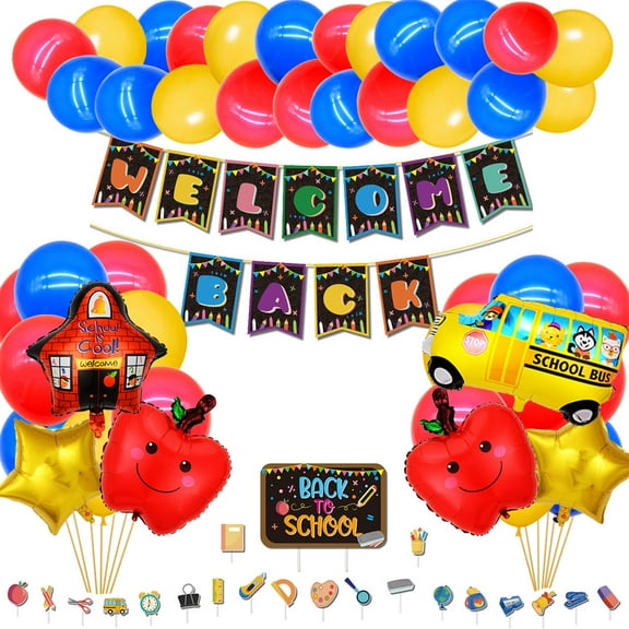 Back to School Decorations Balloons Arch Welcome Back Banner Cake Topper Cupcake Toppers  Red Yellow Blue Balloons School Bus Apple Balloons  First Day Party Supplies Teacher Presents for Classroom