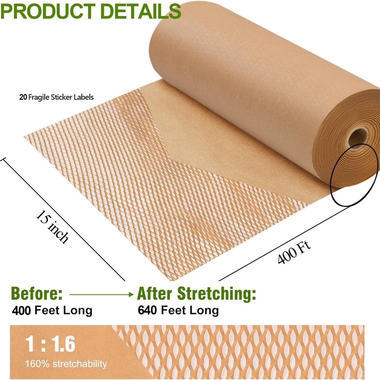Honeycomb Packing Paper Wrap 15"x400' Sustainable Alternative to Bubble Cushioning Wrap Packing paper for Moving/shipping/packing Roll with 20 Fragile Sticker Biodegradable & Fully Recylable