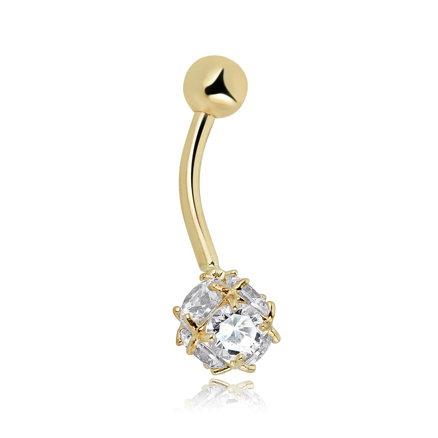 AVORA 10K Yellow Gold Simulated Diamond CZ Spiked Ball Belly Button Ring Body Jewelry (14 Gauge)