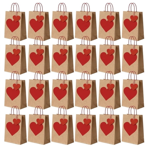 24Pcs Heart Print Valentine Paper Gift Bags with Tags 3.1×5.91×8.27 Inch, Goodie Bags for Valentine Wedding Party Candy Favors
