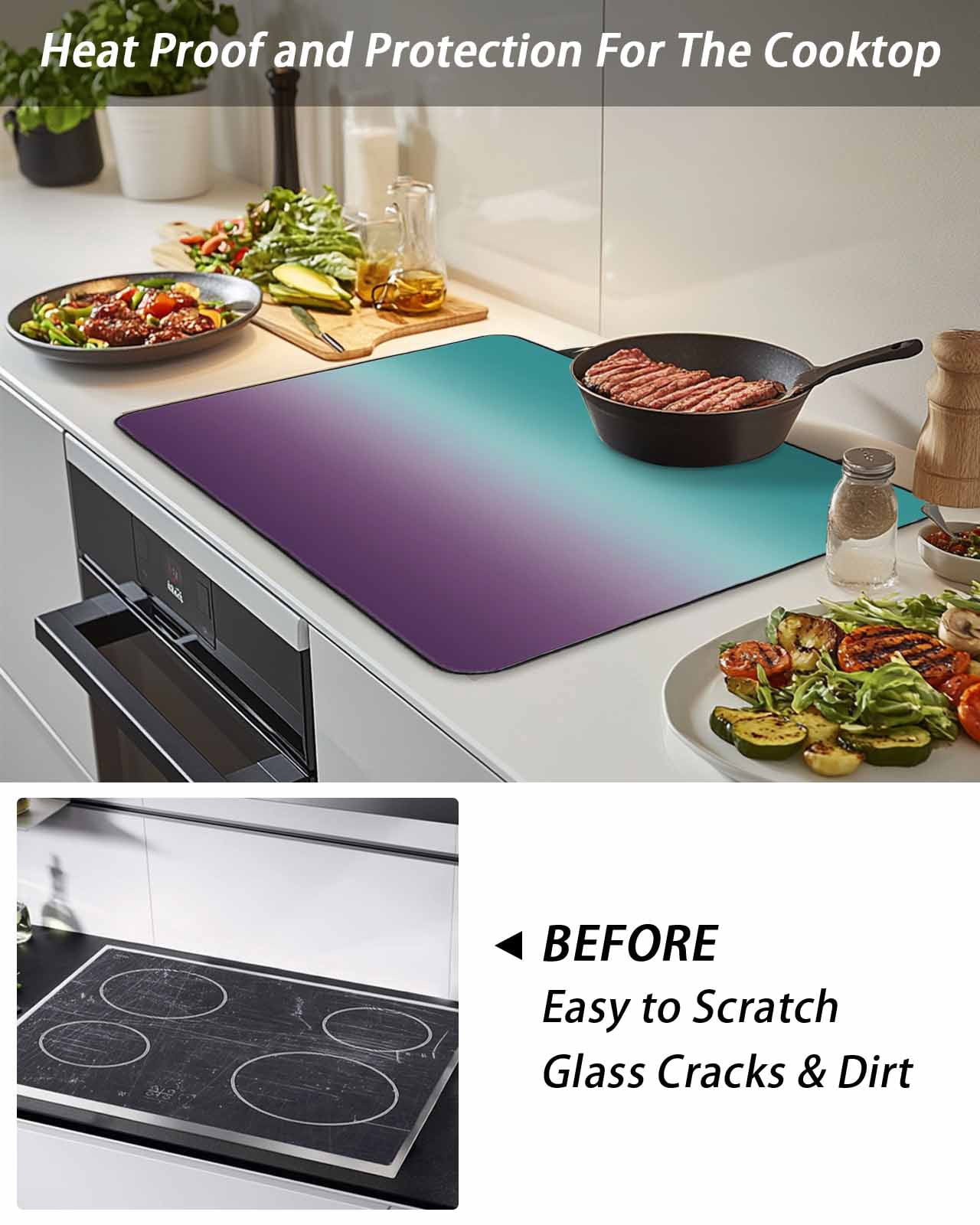 Stove Top Covers for Electric Stove, Teal Purple Ombre Glass Stovetop Cover Protector, Turquoise Gradient Modern Abstract Art Induction Cooktop Protector Oven Mat for Kitchen Countertop 31"x24"