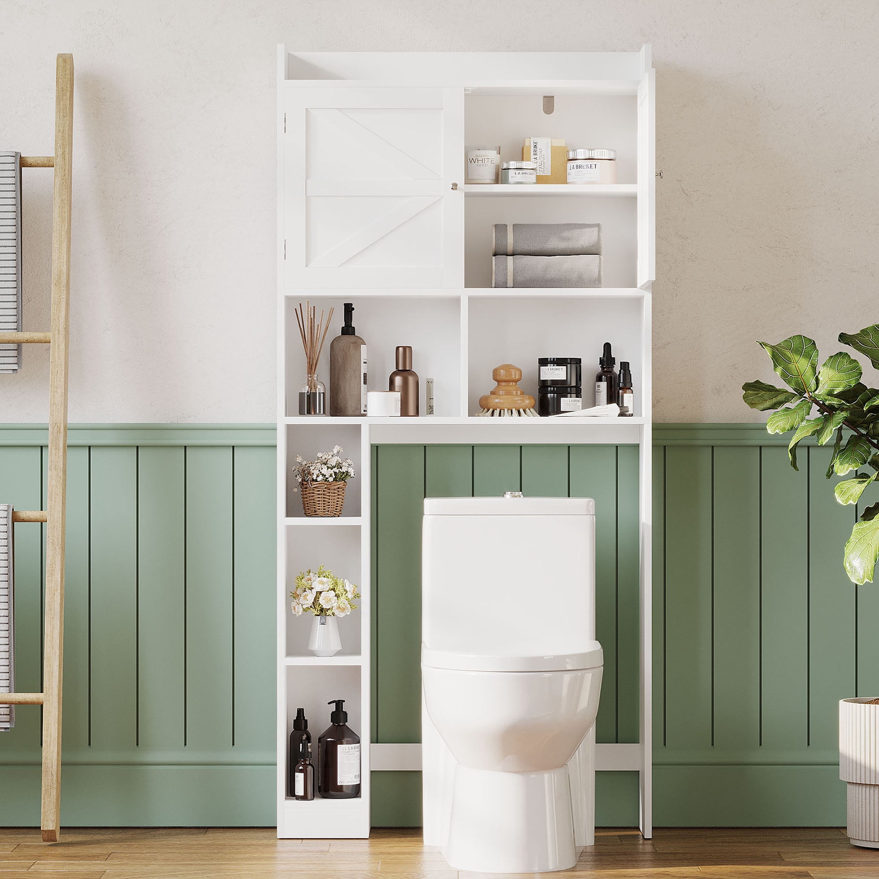 S-HOME White Bathroom Space Saver Cabinet With Double Doors, Open Shelves And Adjustable Shelf For Organized Toiletries