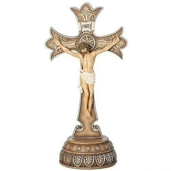 Fleur-de-lis Crucifix Bronze Tone Detailed 6 x 12 Resin Stone Tabletop Figurine