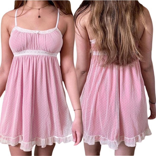 TRKIYQC, vestido de verano para mujer, encaje de lunares, tirantes finos, corte bajo, sin mangas, volantes, línea A, Mini dulce vestido de vacaciones TRKIYQC moda