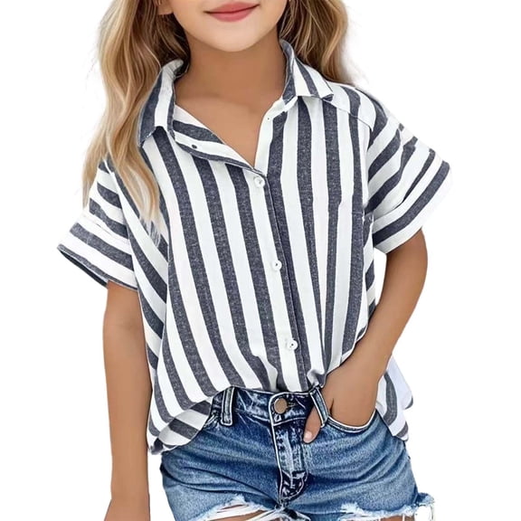 Glisme Tees for Girls Striped Print Shirt Short Sleeve Lapel Neck Tops Summer Casual Girl T-shirt Size 5-6 Years Black