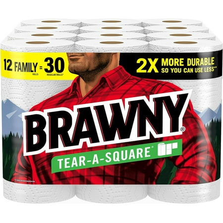 Brawny Tear-A-Square Paper Towels, 12 Family Rolls = 30 Regular Rolls, 3 Sheet Sizes (Quarter, Half, Full), Strength for All Messes, Cleanups, and Meal Prep
