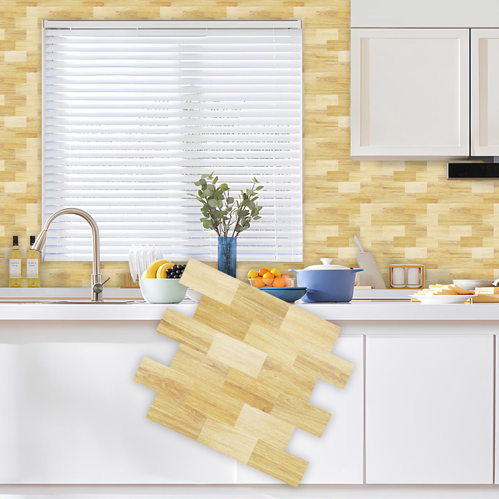 DEWOO 10-Sheet Peel and Stick Backsplash Wall Tile Self Adhesive, Stickon Tile for Kitchen Backplash, Bathroom Vanities, Fireplace Decor, Laundry Table, Stair Decals in Yellow Woodgrain