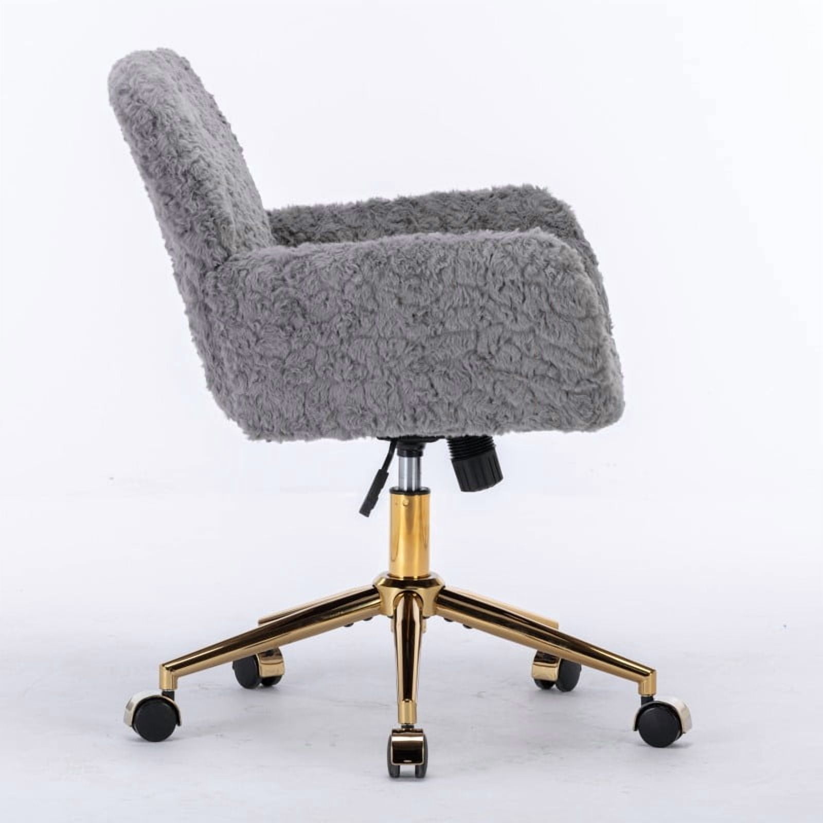 Faux Fur Office Chair for Women & Teens, Adjustable Swivel Desk Chair with Metal Base & Colorful Wheels, 22.5"W x 21.5"D, Ivory Vanity Chair/G