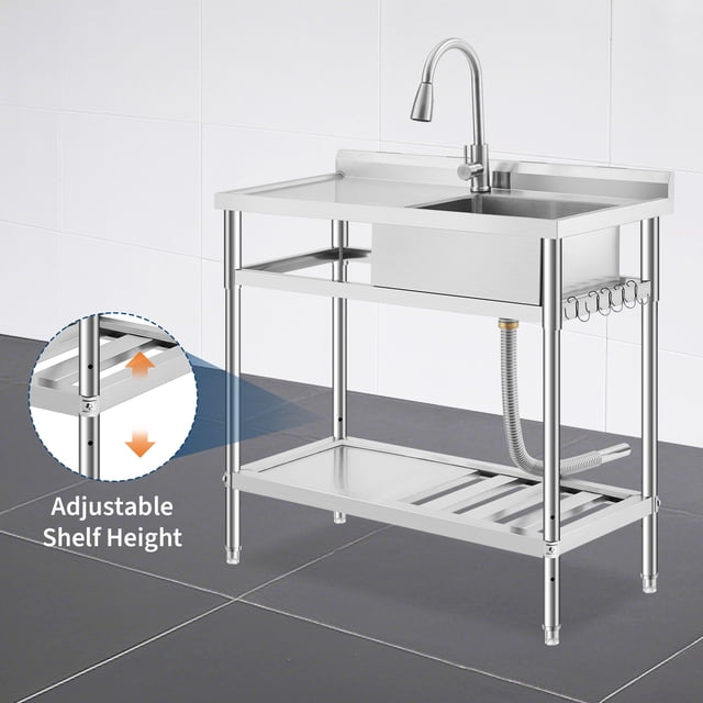 AKDSteel Commercial Stainless Steel Utility Sink, Freestanding Single Bowl Laundry/Kitchen Sink With Pull-Down Hot & Cold Faucet, Built-In Wash Board, And Open Shelf For Indoor Or Outdoor Use