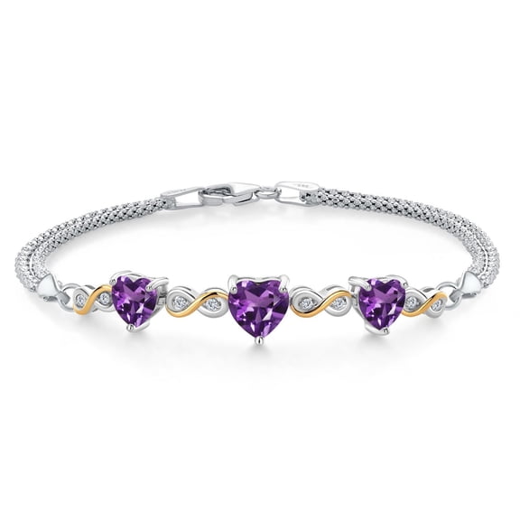 Gem Stone King 925 Sterling Silver and 10k Yellow Gold Purple Amethyst and White Lab Grown Diamond Bracelet for Women (2.58 Cttw, Heart 7MM and 6MM, 6.5/7/7.5 inch, Made in Italy)