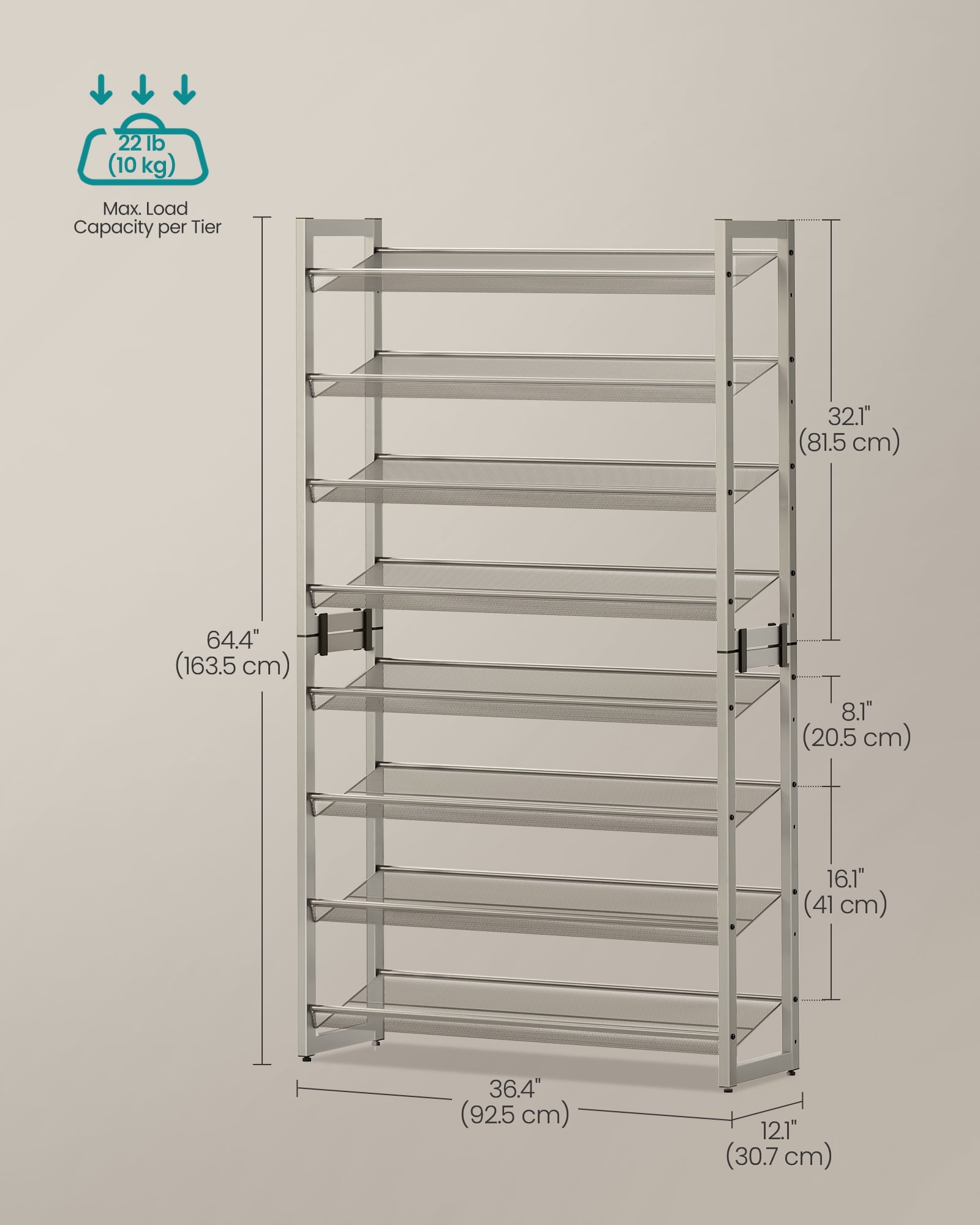 8-Tier Metal Shoe Rack Organizer, Set of 2 Stackable Shoe Shelves with Adjustable Flat or Angled Shelves, Holds 32-40 Pairs, Cappuccino Beige