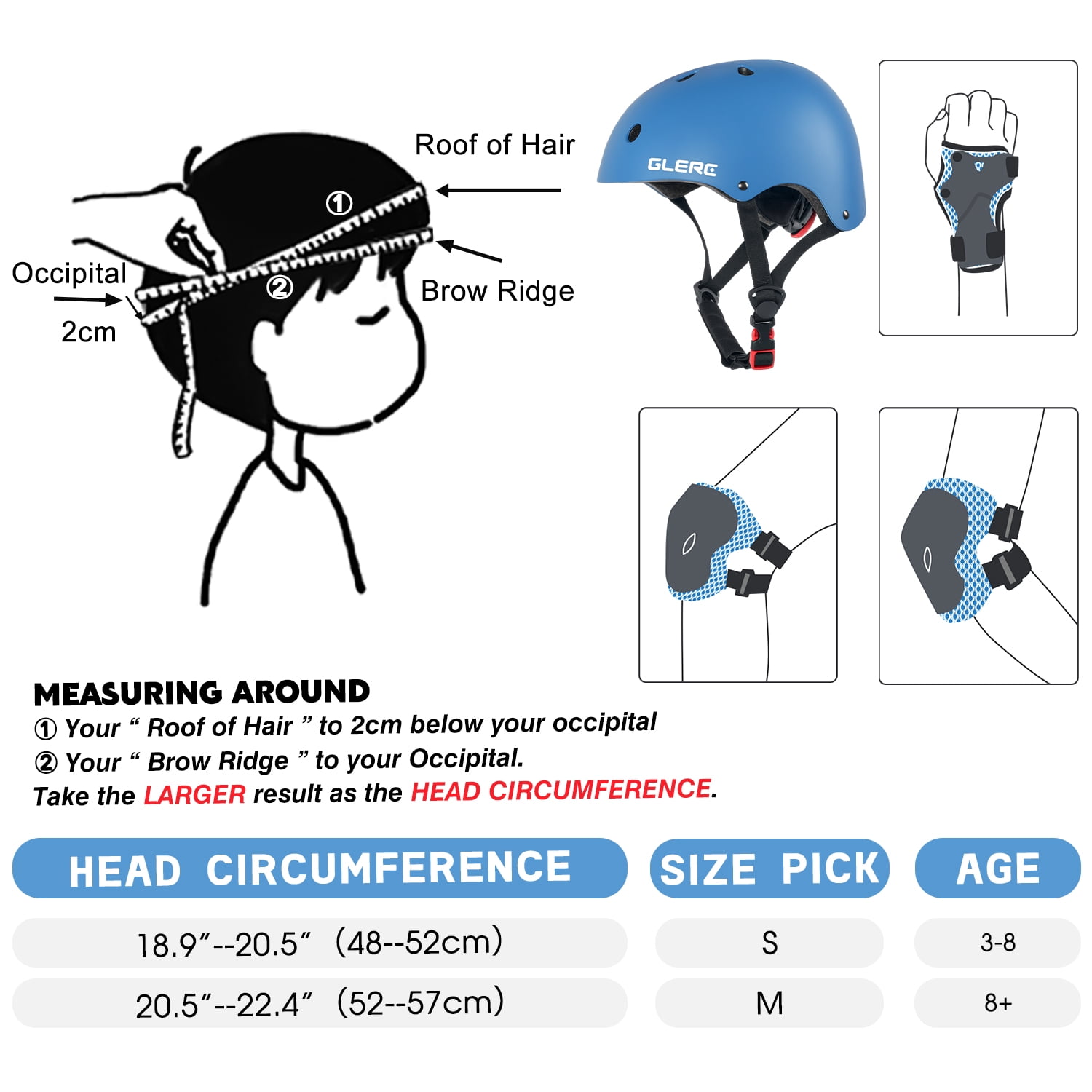 Glerc Kids Sports Helmet with Handguard & Kneepad for Age 3-8 Year Old Toddler and Child, S Size Blue
