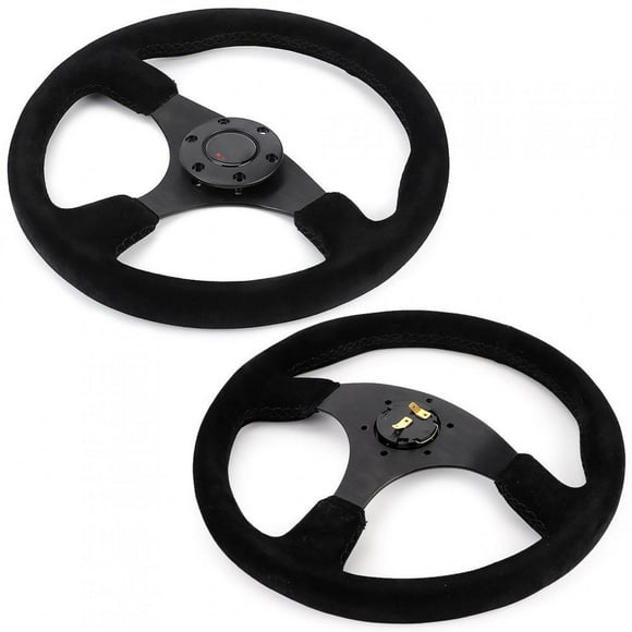 LAFGUR Universal 14in/350mm Steering Wheel For MOMO Style 6-Bolt Black Suede Racing Steering Wheel Black Stitching With Horn Button