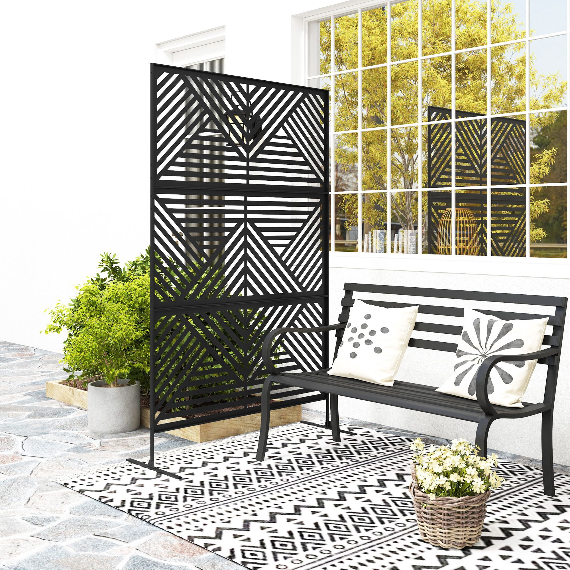 Alvantor Freestanding Outdoor Privacy Fence Screen Black Metal Rhombus Decorative