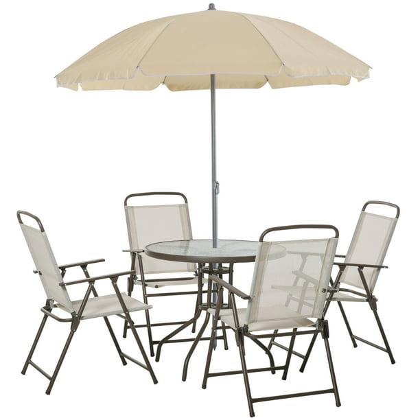 Outsunny 6pc Patio Dining Furniture Set, Glass Patio Table And Chairs With Umbrella
