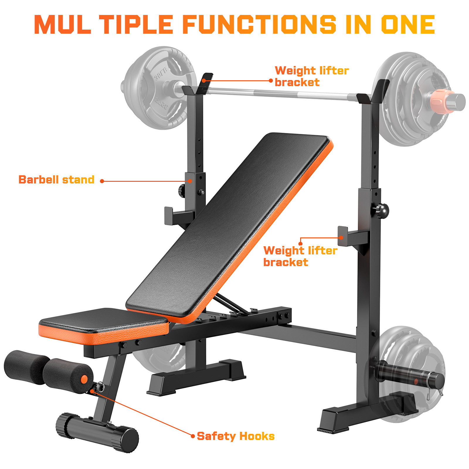 GIKPAL 6-in-1 Weight Bench, 660 lbs with Squat Rack photo 5