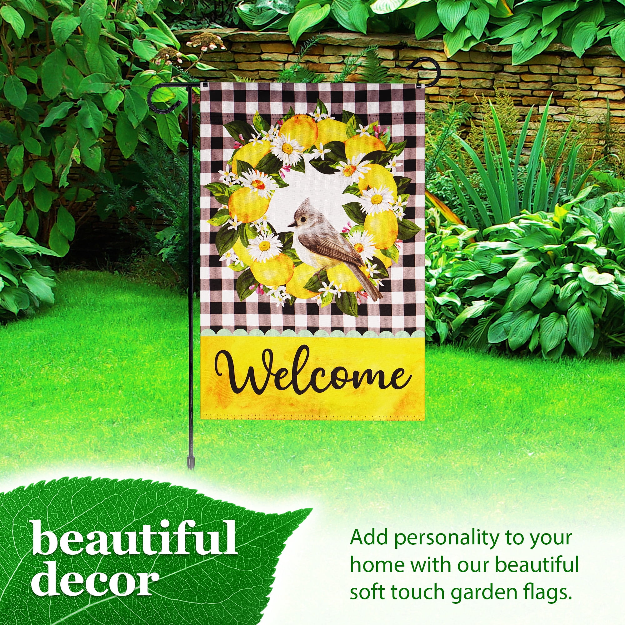 G128 Combo Pack: Garden Flag Stand Black 36 in x 16 in & Garden Flag Summer Decoration Welcome Bird with Fruit Wreath 12"x18" Double-Sided Blockout Fabric