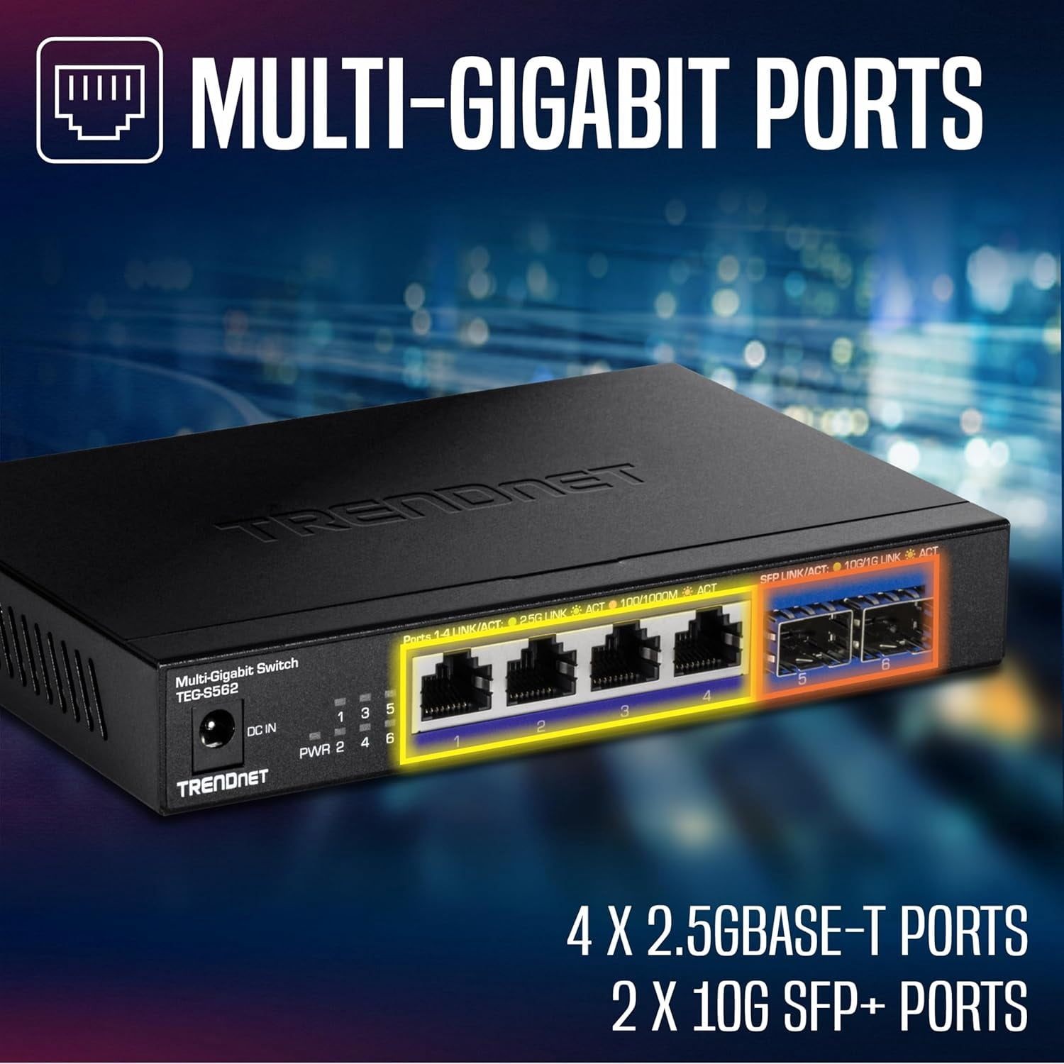 TRENDnet TEG-S562, 6-Port Multi-Gig Network Switch, Unmanaged Desktop Ethernet Switch with Metal Housing, Black