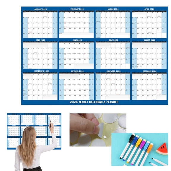 32" x 48" 2026 Wall Calendar, Wet & Dry Erase 12 Month Annual Yearly Wall Planner, January 2026 to December 2026 12 Month, Vertical Large Yearly Wall Planner for Office (Blue)