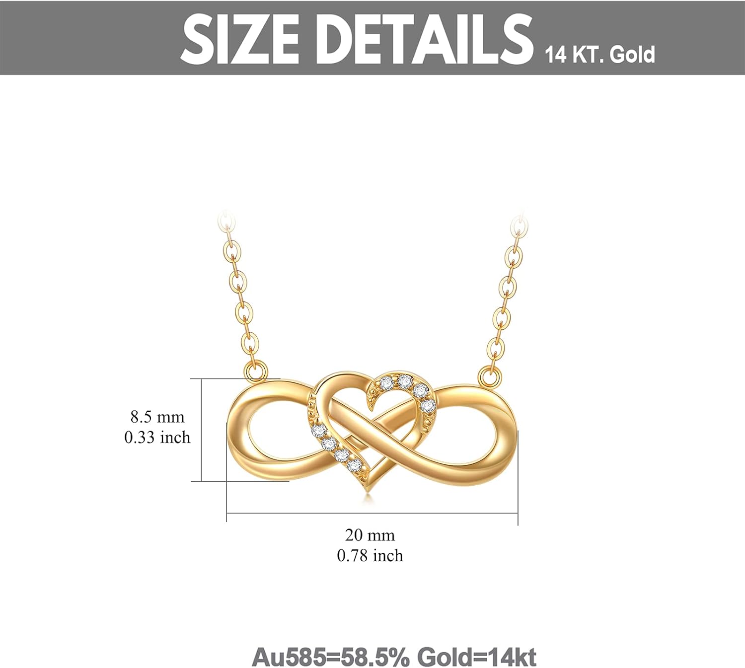 14K Solid Gold Heart Infinity Pendant Necklace for Women, Real Yellow Gold Love Jewelry Anniversary Birthday Gifts for Her, Wife, Mom 18inch