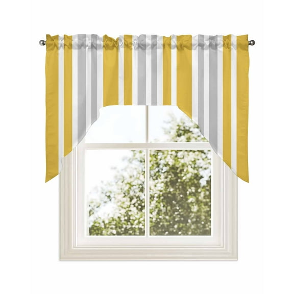 Yellow Grey Stripe Kitchen Curtains Swag Valance for Windows/Bathroom/Cafe, Farmhouse Minimalist Striped Rod Pocket Drape Panel Swag Curtains Valance for Bedroom/Living Room 56"x36"