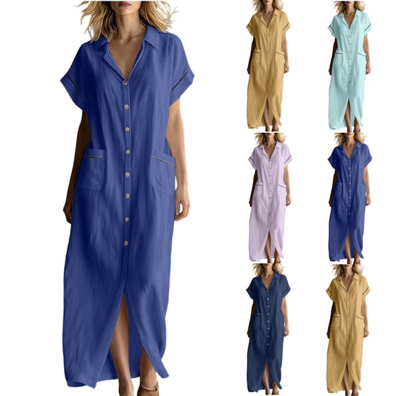 Miluxas Women's Summer Button Down Maxi Dress Solid Collared Short Sleeve Loose Casual Shirt Dress with Pockets for Daily & Beach Vacation Yellow