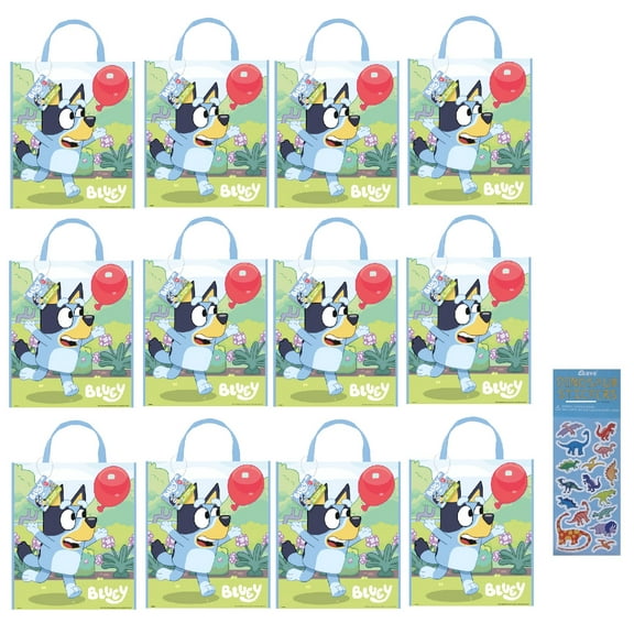 Unique Bluey Birthday Party Supplies Favors Bundle includes 12 Large Plastic Party Favor Tote Bags 13" x 11" and 1 Dinosaur Sticker Sheet