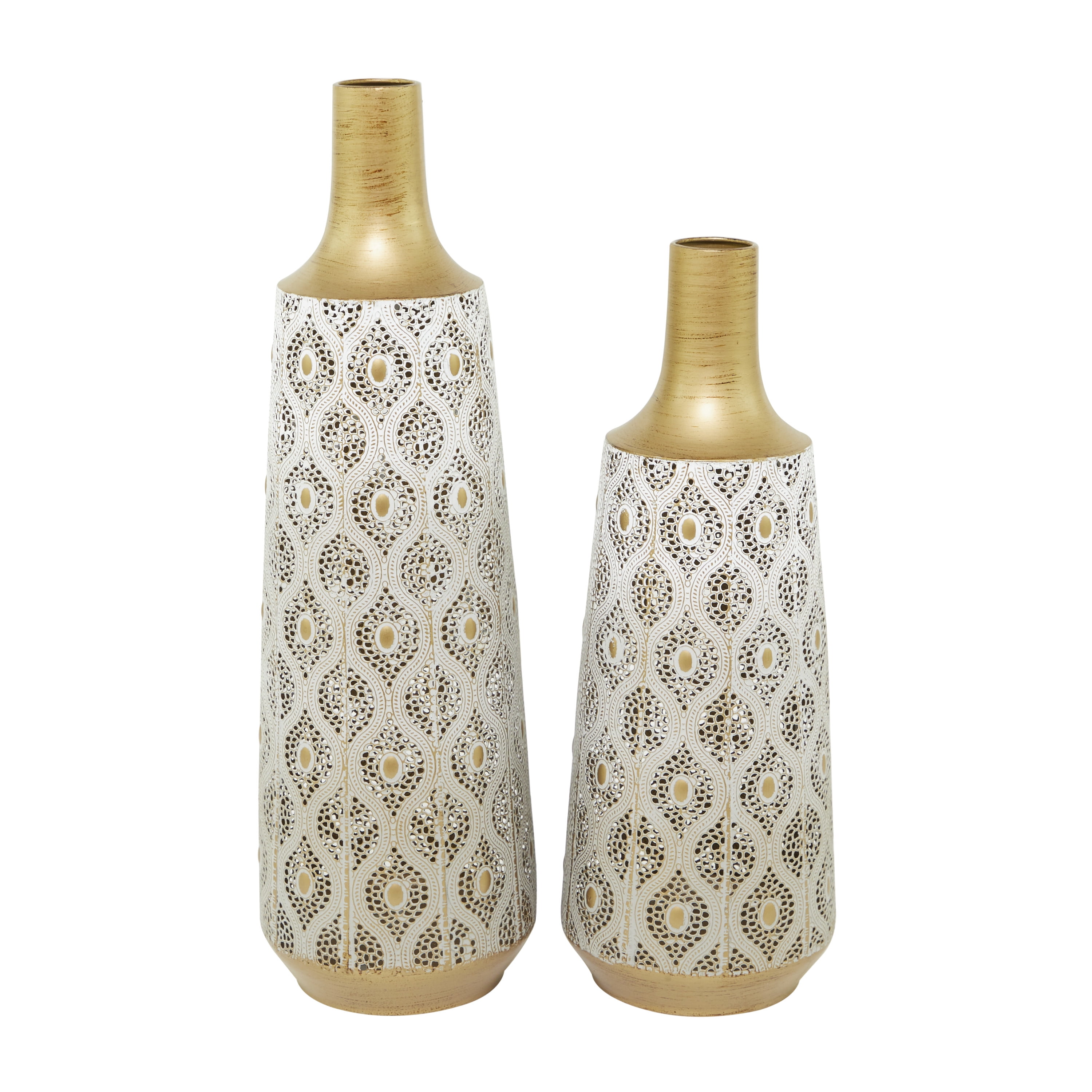 DecMode 24", 20"H White Metal Vase with Diamond Pattern, Set of 2