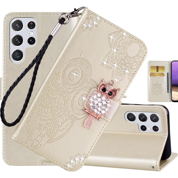 for Samsung Galaxy S25 Ultra (Not S25) Wallet Case with Card Slot Holder, Glitter Diamond Owl Rhinestone Flip Folio PU Leather Cover Case with Wrist Strap for Galaxy S25 Ultra MTY-Gold