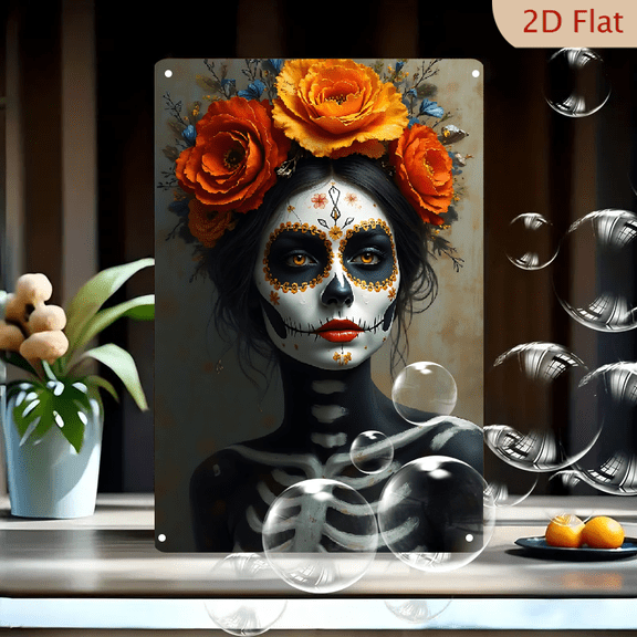 1pc Metal Wall Sign, 8x12 Inches, Dia de los Muertos Skull Woman Decorative Sign, Featuring Floral Accents, Perfect for Celebrating the Mexican Tradition, Ideal for Home Decor