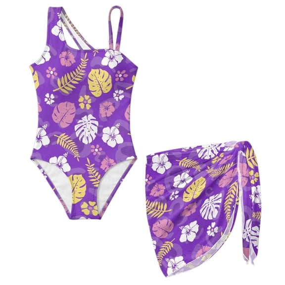 FUIALDOLG Hawaiian Palm Left Swimsuit for Girls One-piece Bathing Suit with Cover Up Skirt Soft Quick Drying Swimwear for Beach Pool Party,7-8Y