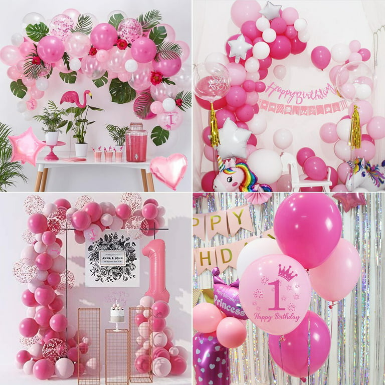Aowee 1st Birthday Decoration, Pink White Balloon Arch with Happy Birthday Banner, Number 1 Foil Balloon, Pink Tablecloth for Birthday Girls Daughter