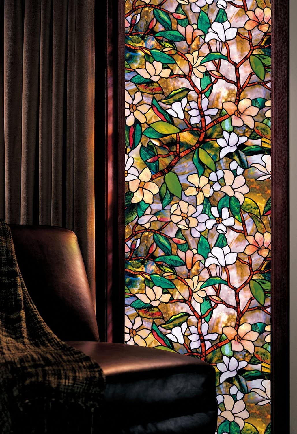Privacy Stained Glass Window Film, Single Sided Static Cling Glass Covers, Decor for Bathroom Glass Window, 17.7*39.3 inch, Magnolias