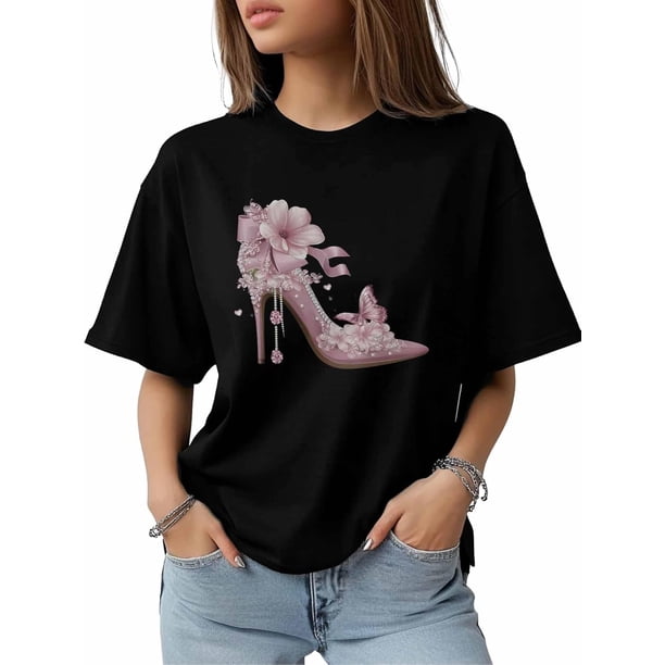 Camiseta de mujer, camisetas de manga corta, tops casuales, zapatos de tacón alto rosas, camiseta de cuello redondo para mujer