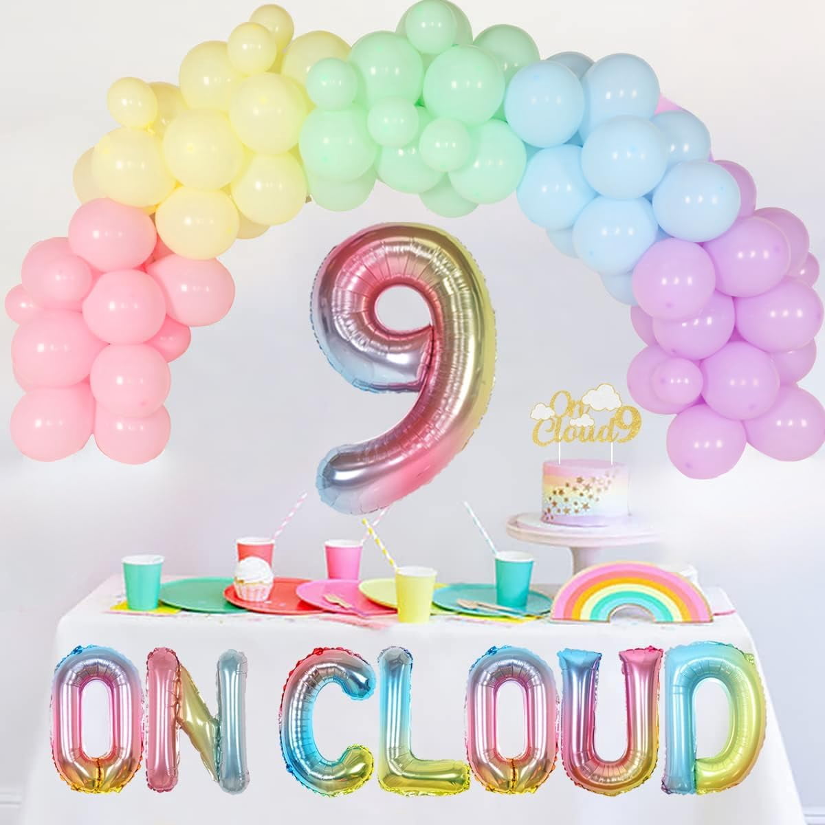 On Cloud 9 Geburtstags-Deko Für Mädchen – Ballon-Set Mit Regenbogen, Wolken, Zahl 9, Pastellfarben