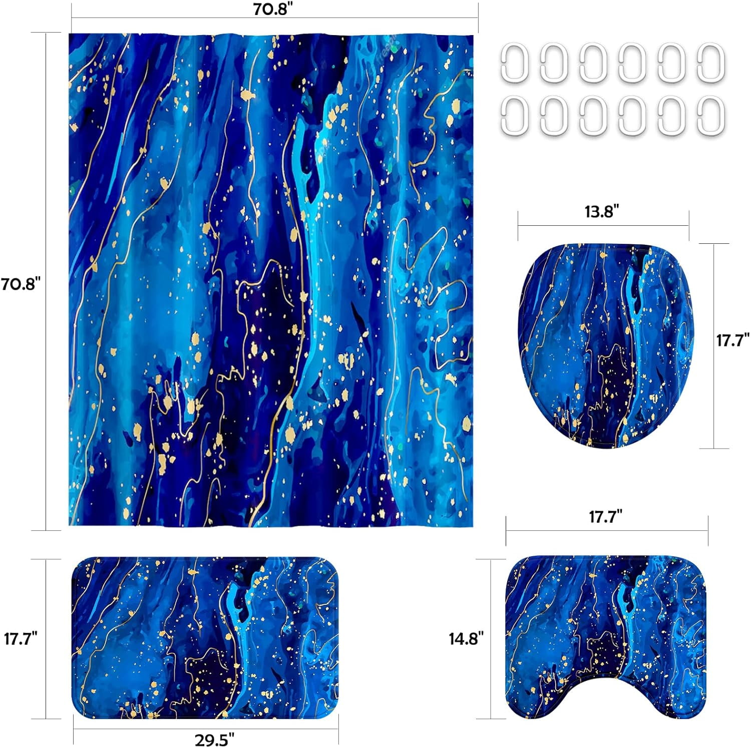 Bathroom Sets with Shower Curtain and Rugs, Bathroom Curtains Shower Set Include Waterproof Shower Curtain Non-Slip Rug Toilet Lid Cover Bath Mat and 12 Hooks, Blue Marble Shower Curtains