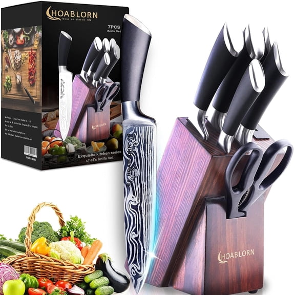 7‑Piece Kitchen Knife Set with Block, Professional Damascus‑Style Stainless Steel Knives with Built‑in Sharpener, for Home Cooks and Chefs