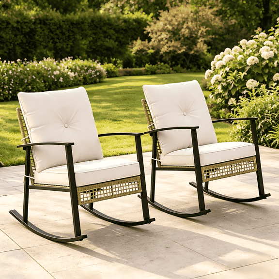 Deersky Outdoor Rocking Chairs Set of 2, Patio Wicker Rocking Chair with Soft Cushions for Porch, Backyard, Balcony, Garden