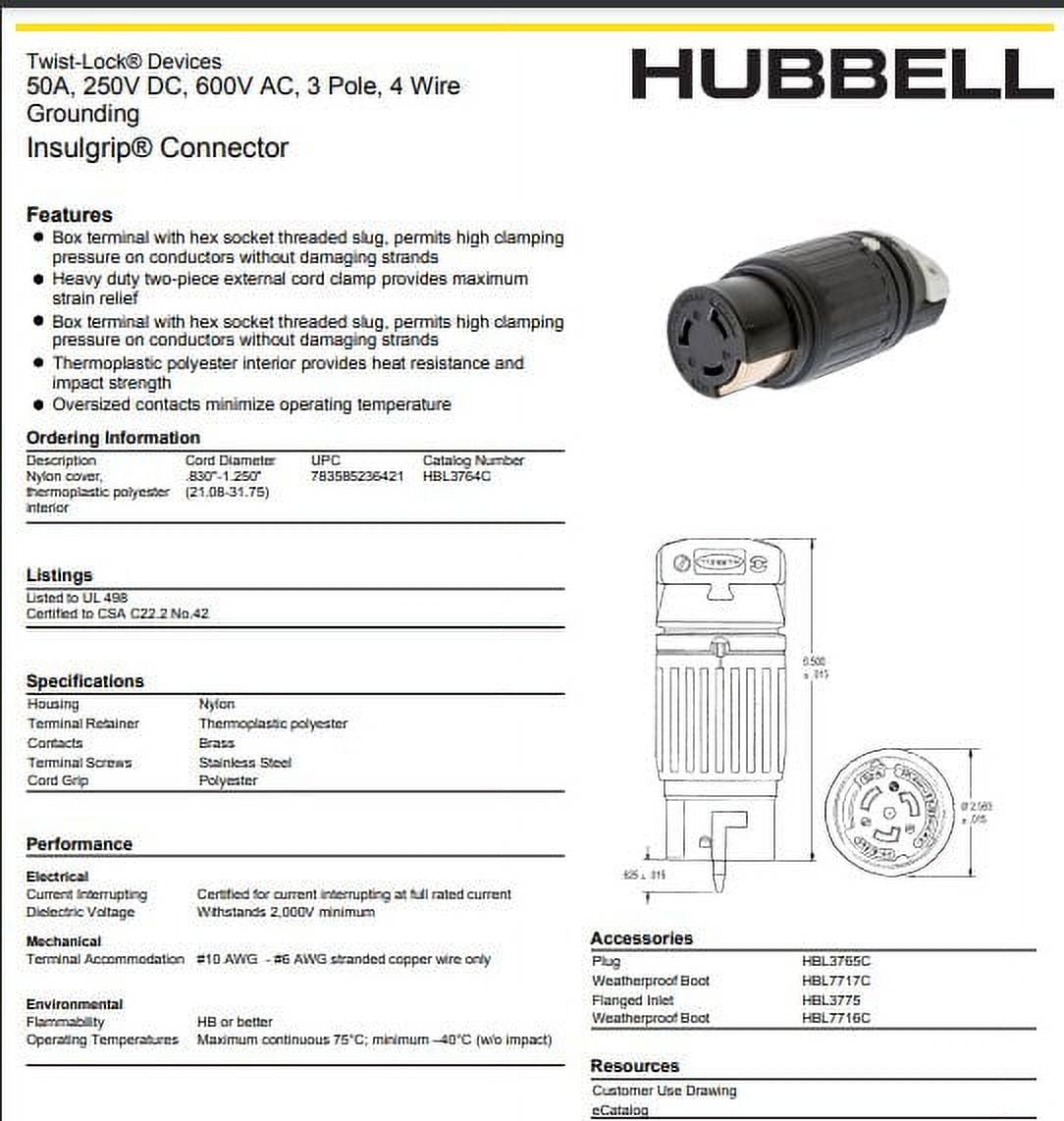 Hubbell Wiring HBL3764C Twist-Lock ; Polarized Locking Connector