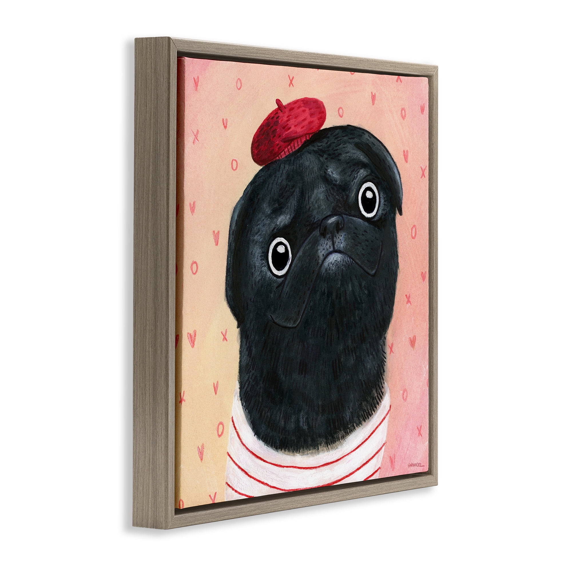 Stupell Industries Happy Pug In Paris Animals Painting Brown Floater Framed Canvas Art Print Wall Art, 18 x 18